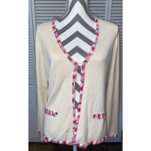Sigrid Olsen Open Front Sweater Large White Pink Fringe Silk Blend - Picture 1 of 5